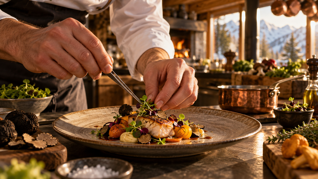 Chef plating a fish dish with truffle and seasonal vegetables in an Alpine chalet kitchen